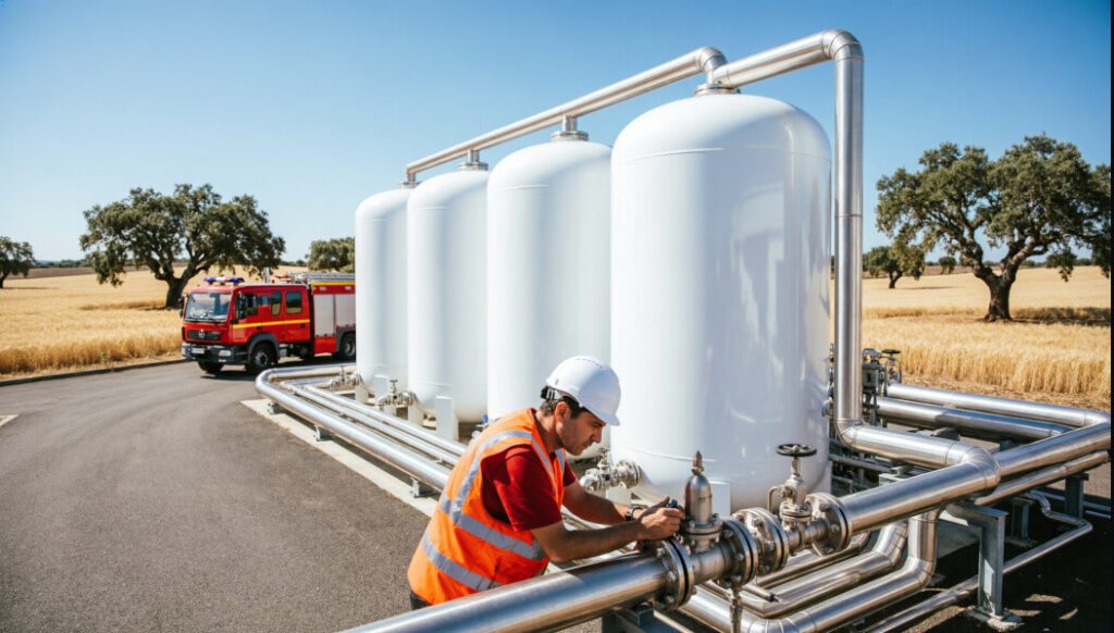 Unidade de biometano em Ferreira do Alentejo com vista para a paisagem rural alentejana e presença de meios de segurança e proteção civil.