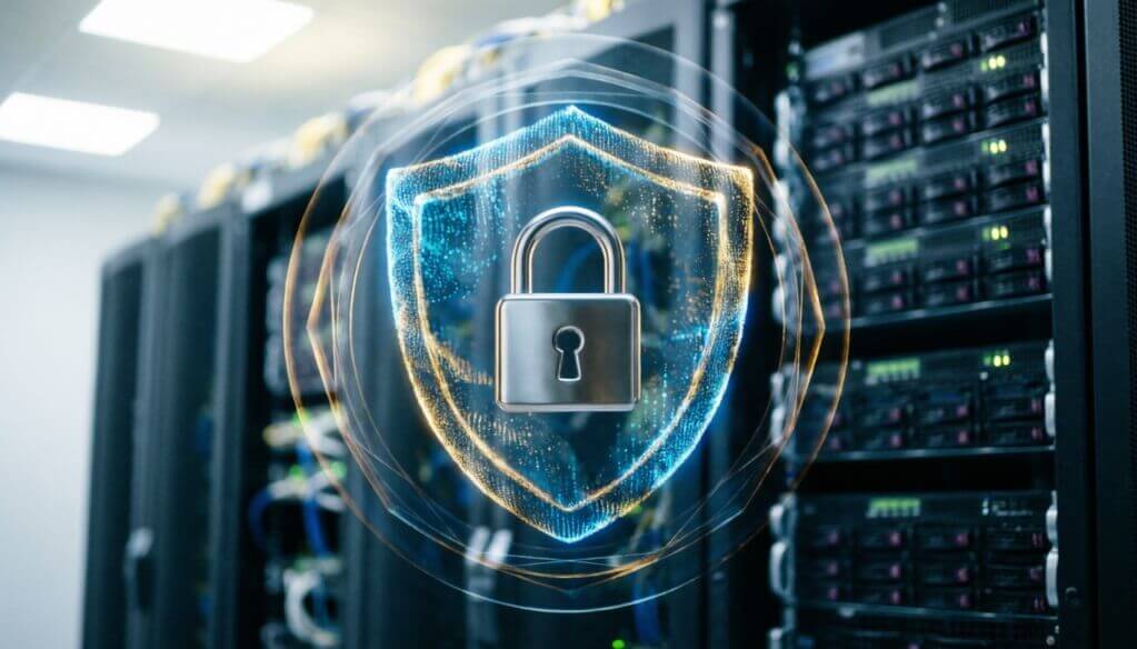 Escudo digital azul e dourado representando proteção de dados - Declaração de Privacidade da VIDA CIVIS