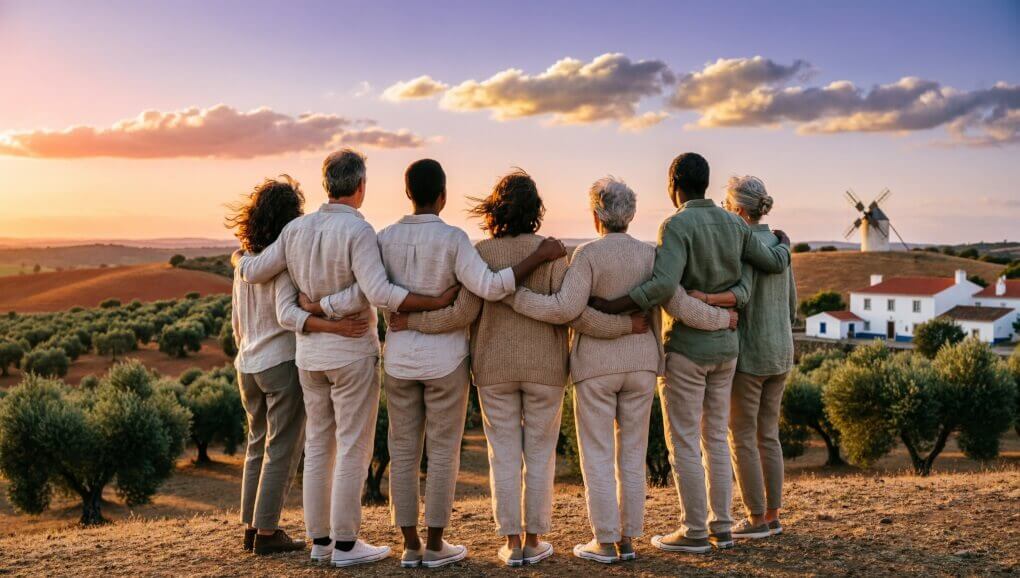 Grupo de pessoas de costas, unidas pelos ombros, a olhar o horizonte sobre paisagem alentejana, simbolizando a união e o propósito da VIDA CIVIS.