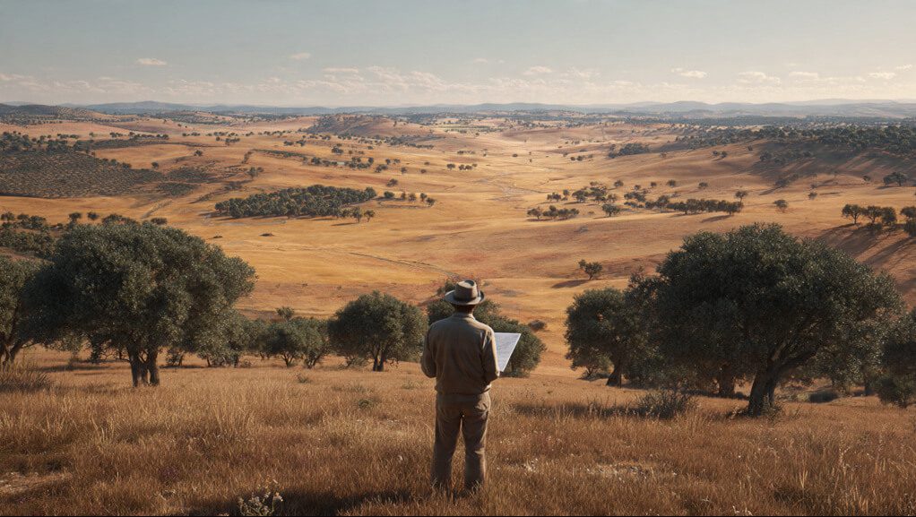 Pessoa com documentos olhando horizonte alentejano - intervenção cívica VIDA CIVIS
